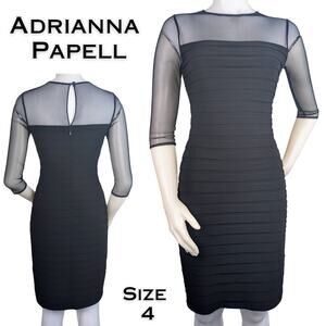 Adrianna Papell Sheath Dress 4 Black Shutter Pleat Sheer Sleeves Party Event